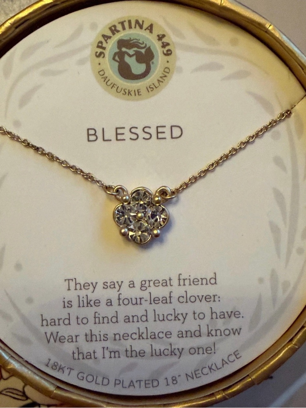 Sur La Vie Blessed Four Leaf Clover 18k Gold Plated 18” Necklace New With Box